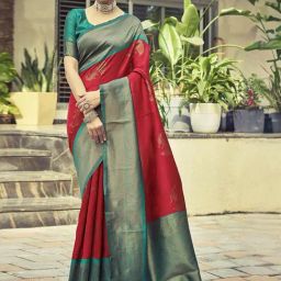 Satrani Cherry Red & Rama Green Woven Saree With Unstitched Blouse-image-107