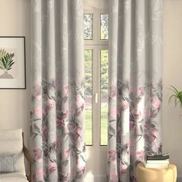 Urban Space Winter Crocus Polyester Blackout Grey & Pink Floral 8 ft Long Door Curtains - Set of 2-17