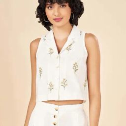 Akkriti by Pantaloons White Embroidered Cropped Shirt-image-25