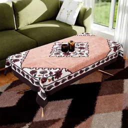Aura Brown & White Floral Printed Anti-Skid Cotton 4-Seater Table Cover-23