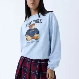 nuon women Nuon by Westside Light Blue Teddy Printed Cotton Sweatshirt-picture-2