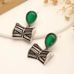 Saraf RS Jewellery Rhodium Plated Emerald AD Zircon Studded Oxidised Damru Shaped Studs-87