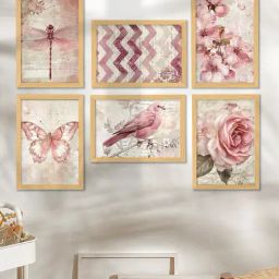 Art Street Pink Engineered Wood Blooming Cherry, Rose Flowers & Birds Wall Painting - Set of 6-12
