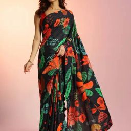 navyasa by liva Black Printed Saree With Unstitched Blouse-image-69