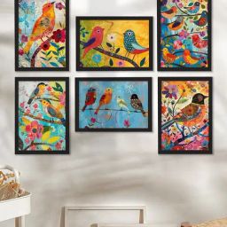 Art Street Red Engineered Wood Colorful Birds Floral Branch Wall Painting - Set of 6-5