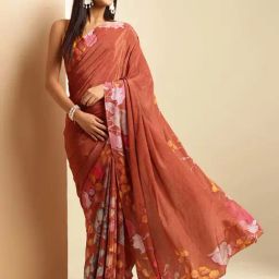 navyasa by liva Brown Printed Saree With Unstitched Blouse-image-83