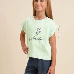 VERO MODA GIRL Pistachio Green Cotton Embellished T-Shirt-image-74