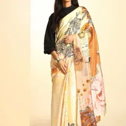 navyasa by liva Beige Printed Saree With Unstitched Blouse-image-93