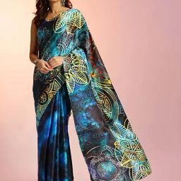 navyasa by liva Blue Printed Saree With Unstitched Blouse-image-51