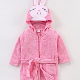 Babyhug Knit Terry Full Sleeves Hooded Bath Robe Bunny Embroidered - Pink-image-7