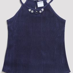 Tiny Girl Sleeveless Floral Appliqued Pleated Top - Navy Blue-image-3