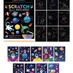 HAPPY HUES DIY Space Magic Scratch Art for Kids 9 Sheets Double Sided Paper Cards & Scratch Sticks Set Birthday Party Favor Supplies - Pack Of 9-10