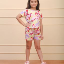 Ninos Dreams Half Sleeves Abstract Printed Tee With Coordinating Shorts Set - Multi Colour & Green-image-82