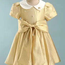 Kookie Kids Half Sleeve Party Frock With Bow Applique - Golden-picture-24