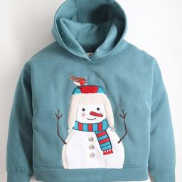 Cherry Crumble By Nitt Hyman Full Sleeves Snowman Embroidered  Hooded Sweatshirt - Teal Blue-picture-41