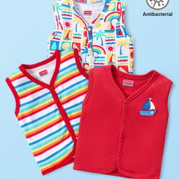 Babyhug 100% Cotton Knit Sleeveless Striped & Nautical Printed Anti Bacterial Front Open Vests Pack of 3 - Multicolour-image-71