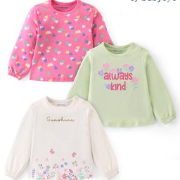 Babyoye 100% Cotton With Eco- Jiva Finish Full Sleeves Tops Hearts & Floral Print Pack of 3 - Green & Pink-image-92