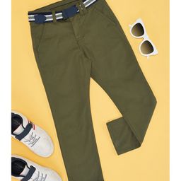 Pantaloons Junior Cotton Solid Trousers With Belt - Olive-image-25