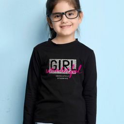 NUSYL Cotton Blend Full SleevesWonderful Girl Text Printed Tee - Black-image-95