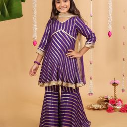 MASTARANG Three Fourth Sleeves Lace Embellished & Striped Foil Printed Kurta & Sharara With Dupatta Set - Purple-image-93