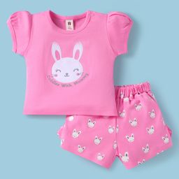 ToffyHouse Cotton Knit Half Sleeves Top & Shorts Set with BunnyPrint- Pink-image-21