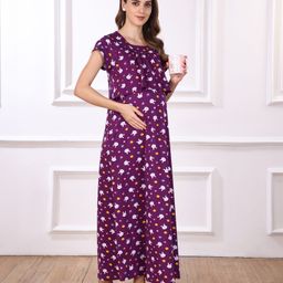 Bella Mama Cotton Knit Half Sleeves Bunny Printed Maternity Nursing Nighty - Purple-image-19