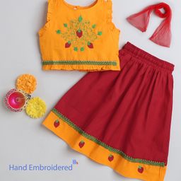 Many frocks & Cotton Sleeveless Strawberry Hand Embroidered Pleated Lehenga Choli & Dupatta Set - Yellow & Red-image-77