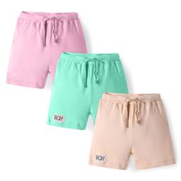 Bonfino 100% Cotton Knit Above Knee Length Printed Shorts with Text Patch Pack of 3 - Pink Green & Tan-image-26