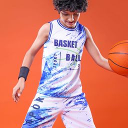 Pine Active Knit Sleeveless Basketball Printed T-Shirt & Shorts Set - White-image-56