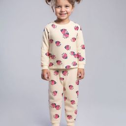 Bonfino 100% Cotton Knit Full Sleeves Co-ords Night Suit with Fish Print - Beige-picture-44