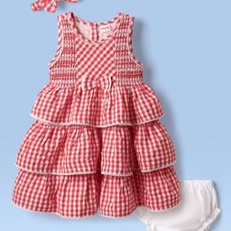 Babyhug Seer Sucker Woven Sleeveless Checkered Frock Bloomer & Headband With Bow Applique - Red-image-38