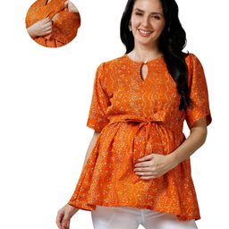Mom for sure by Ketki Dalal 100% Cotton Woven Half Sleeves Bandhani Printed Maternity Top With Concealed Zipper Nursing Access - Mustard Yellow-image-36