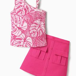 OLLINGTON ST. Cotton Lycra Leaves Printed Sleeveless Top & Skirts Set - Dark Pink-picture-27
