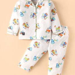 Enfance Core Cotton Woven Full Sleeves Excavator Printed Coordinating Night Suit Set -White-image-54