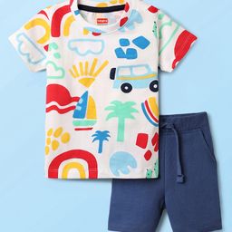 Babyhug Single Jersey Knit Half Sleeves T-Shirt & Shorts Set with Beach Theme Print - White & Navy Blue-picture-49
