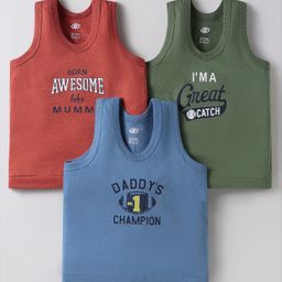 Zero Sinker Knit Sleeveless Set of Vests with Typography Print Pack of 3 - Red Blue & Green-image-38