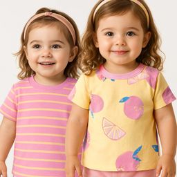 Babyoye 100% Cotton Knit Half Sleeves T-Shirts with Orange Print & Stripes Pack of 2 - Yellow & Rose Gold-image-90