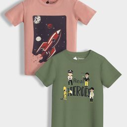 Orange Sugar 100% Cotton Knit Pack Of 2 Half Sleeves Rocket & Real Heroes Text Printed Tees - Soft Red & Olive Green-image-31