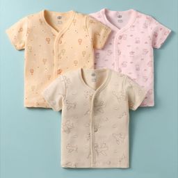 Zero Interlock Knit Half Sleeves Front Open Vests with Animal & Aeroplane Print Pack of 3 - Pink Light Orange & Beige-image-96