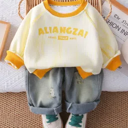 Googo Gaaga Cotton Knit Full Raglan Sleeves Typography Printed Light Winter Sweatshirt With Jeans Set - Cream-picture-41