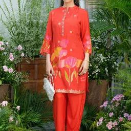 Sangria Viscose Silk Floral Handwork Co-ord Set-picture-19