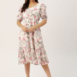 WISSTLER White & Pink Floral Georgette Midi Dress-image-21