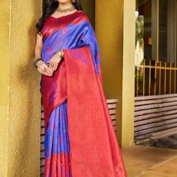 Satrani Royal Blue & Red Woven Saree With Unstitched Blouse-picture-26