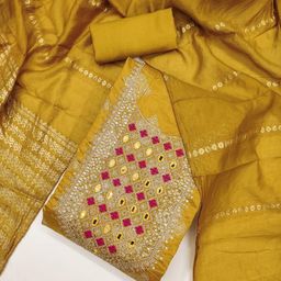 KALINI Mustard Chanderi Silk Embroiderd Coding Work Unstitched Dress Material-image-58