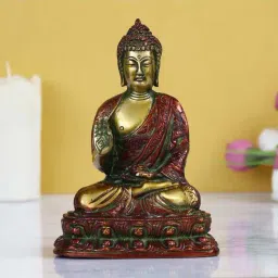 eCraftIndia Golden and Red Premium Meditating Blessing Buddha Brass Antique Artifact-image-6