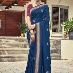 Satrani Blue Embellished Saree With Unstitched Blouse-image-96