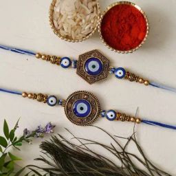 eCraftIndia Set of 2 Evil Eye Rakhis for Brothers with Sibling Agreement & Roli Chawal Pack-23