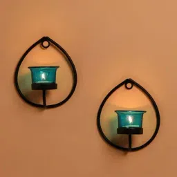 Homesake 'Halloween' Black & Turquoise Metal Wall Candle Holder With Tea Light Candle - Set of 2-image-75