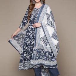 Anubhutee Blue Pure Cotton Embellished Kurta Pant Set With Dupatta-image-18