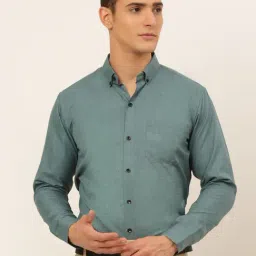 Jainish Olive Green Cotton Regular Fit Self Pattern Shirt-image-51